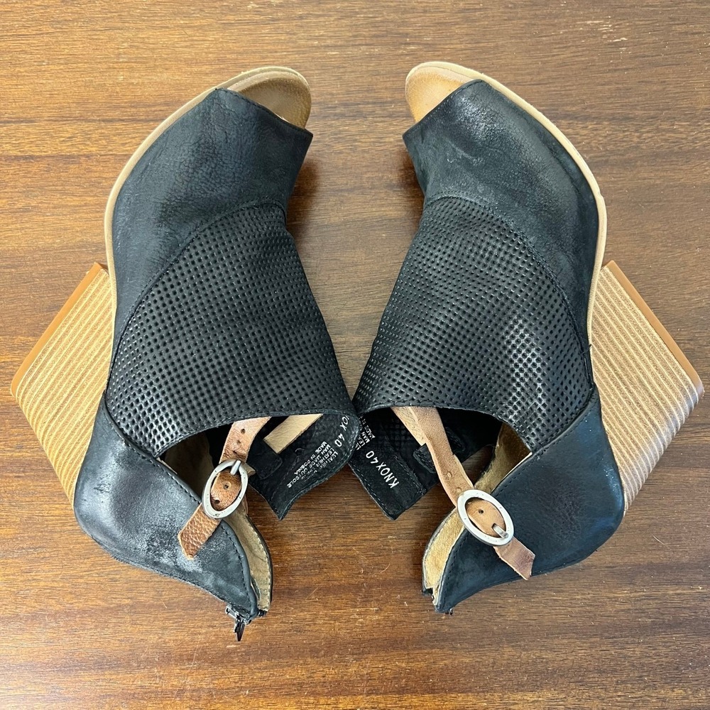 Miz Mooz Knox Black Leather Perforated Wedge Sandals Poop Toe Bootie 9.5 3" Heel - Picture 8 of 11